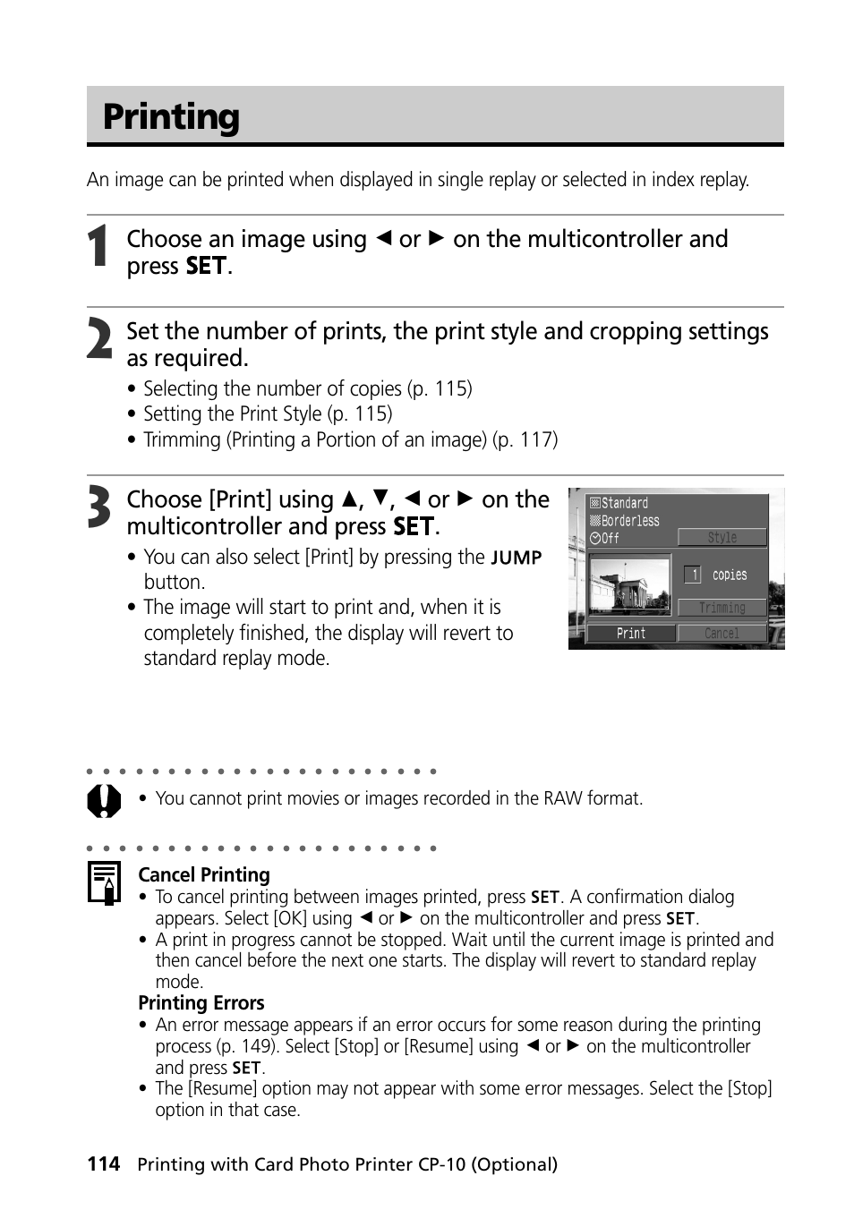 Printing, Cancel printing, Printing errors | Printing with card photo printer cp-10 (optional) | Canon PowerShot S30 User Manual | Page 116 / 163