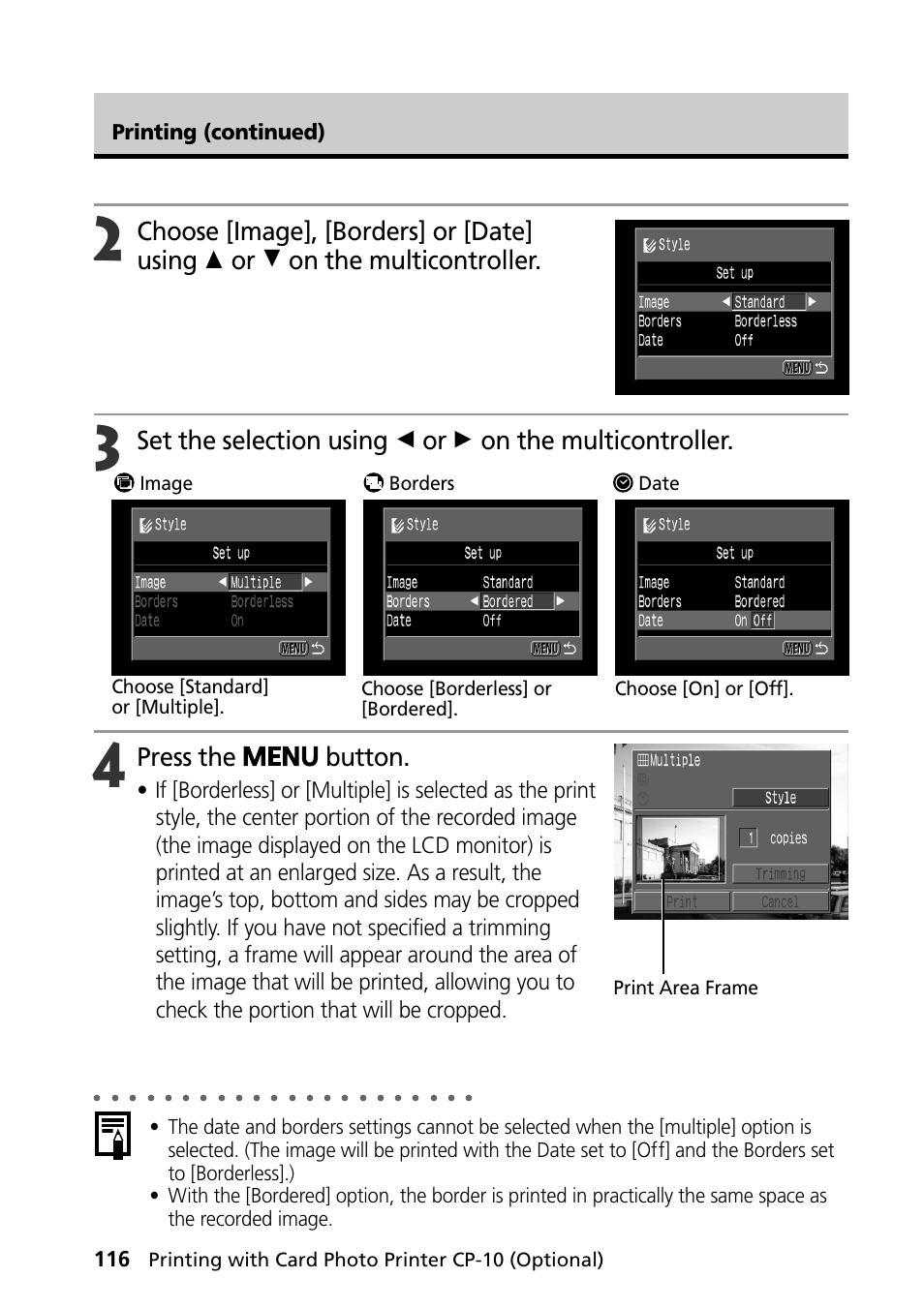 Press the button, Printing (continued) | Canon PowerShot S30 User Manual | Page 118 / 163