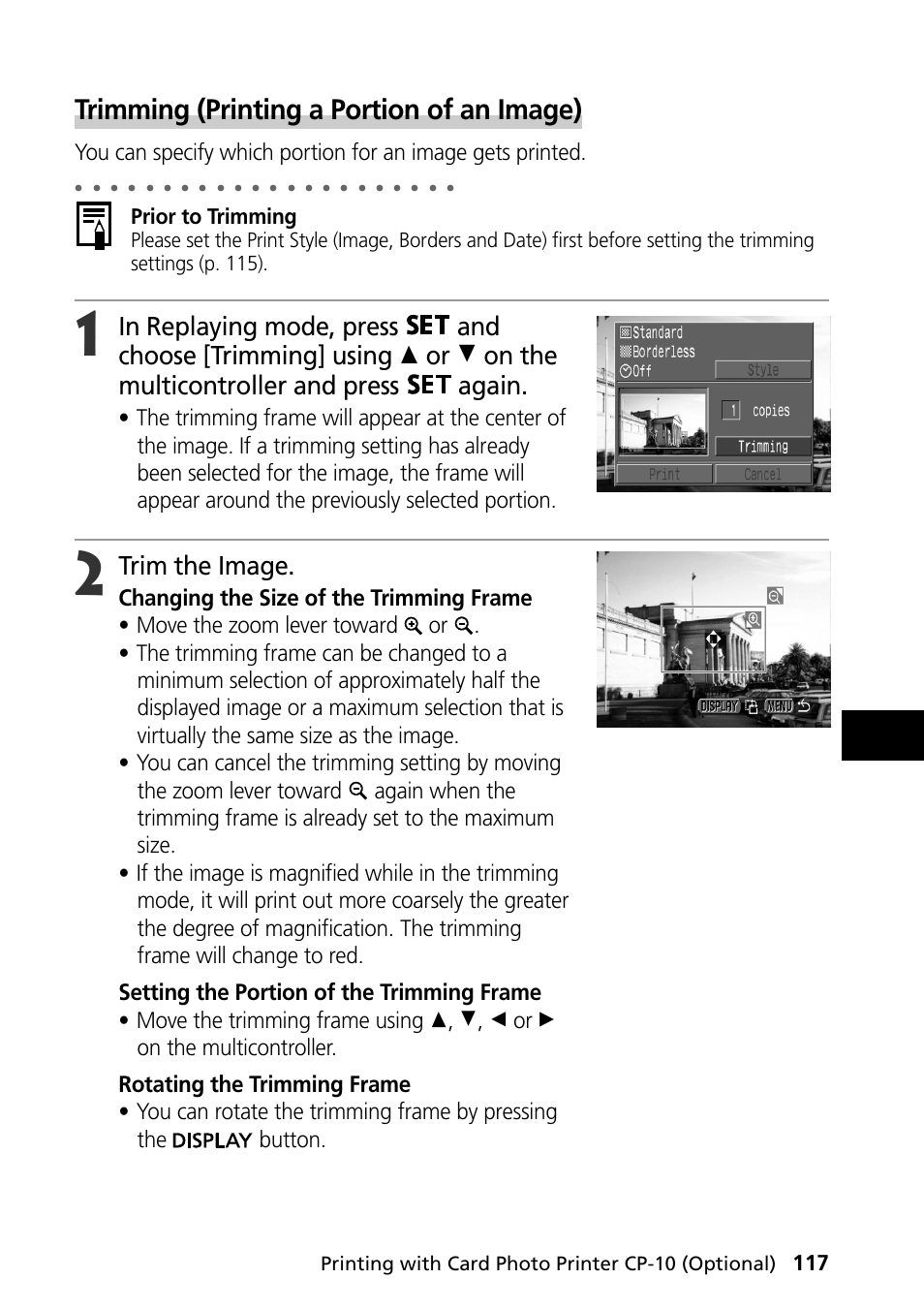 Trimming (printing a portion of an image), Trim the image, Prior to trimming | Canon PowerShot S30 User Manual | Page 119 / 163