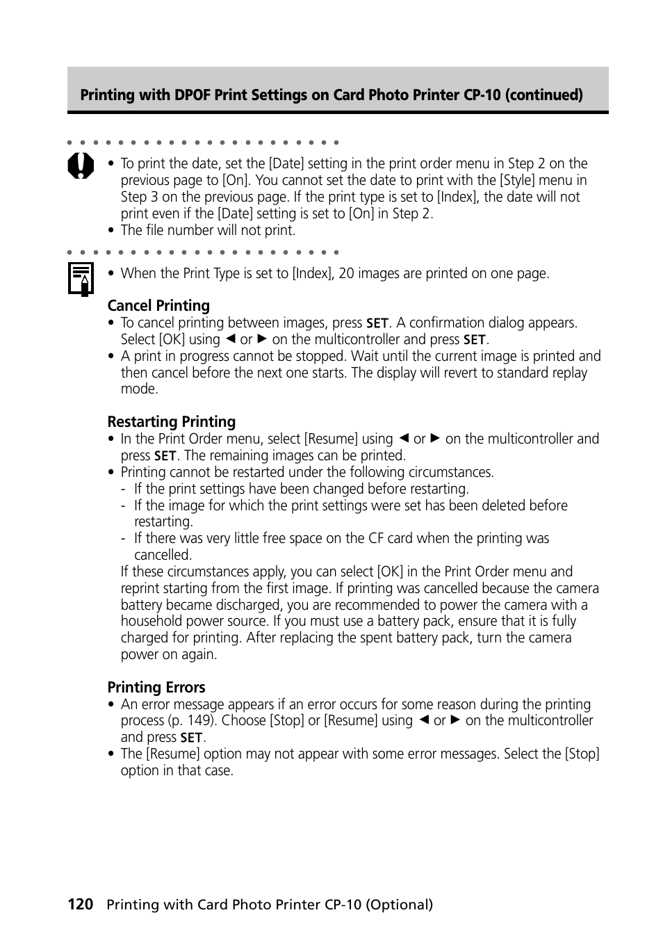 Cancel printing, Restarting printing, Printing errors | Printing with card photo printer cp-10 (optional) | Canon PowerShot S30 User Manual | Page 122 / 163