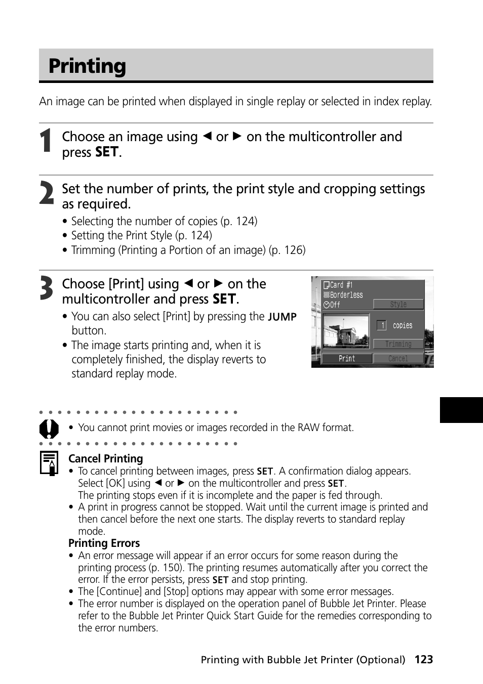 Printing, Cancel printing, Printing errors | Printing with bubble jet printer (optional) | Canon PowerShot S30 User Manual | Page 125 / 163