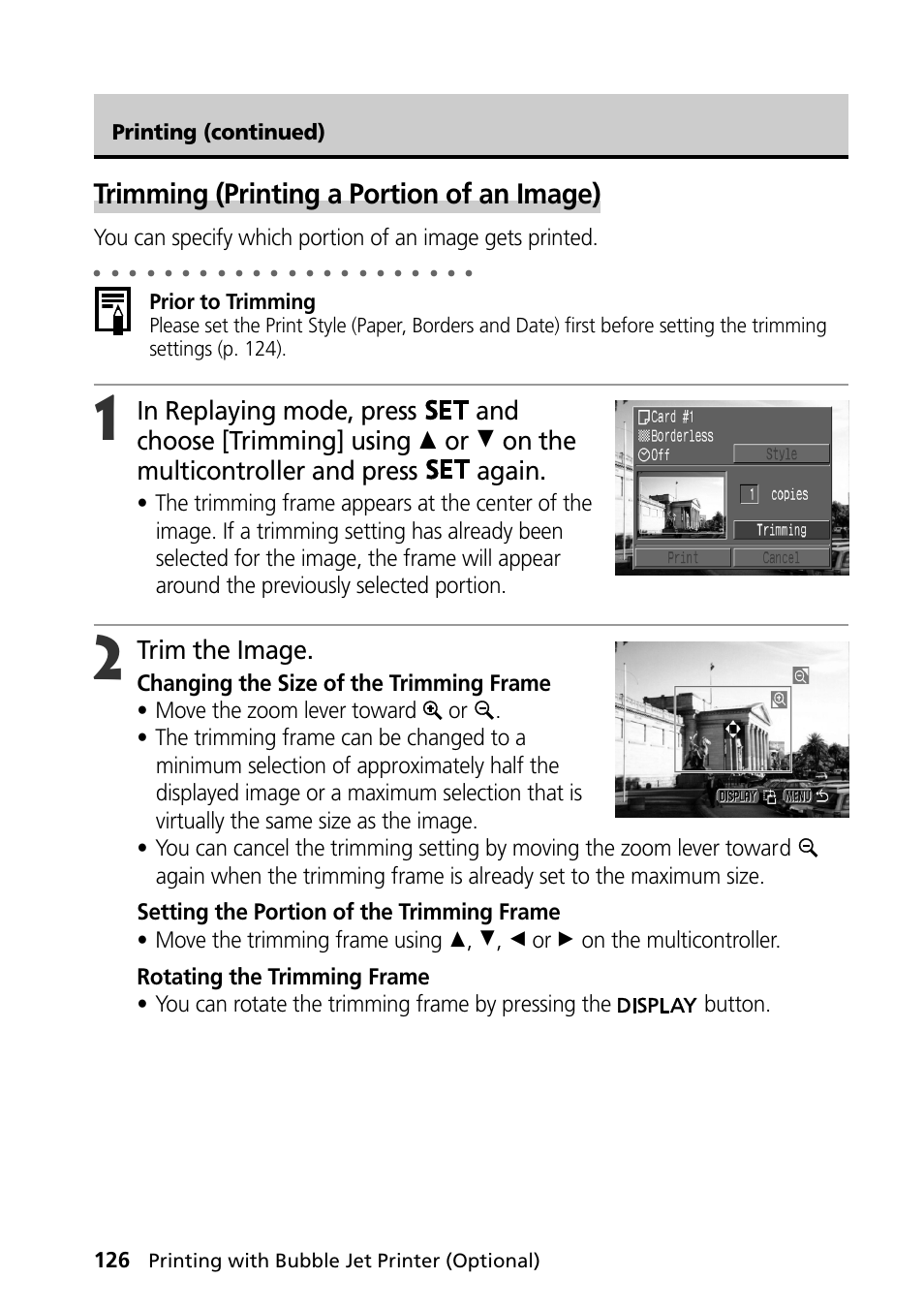 Trimming (printing a portion of an image), Trim the image, Printing (continued) | Prior to trimming | Canon PowerShot S30 User Manual | Page 128 / 163