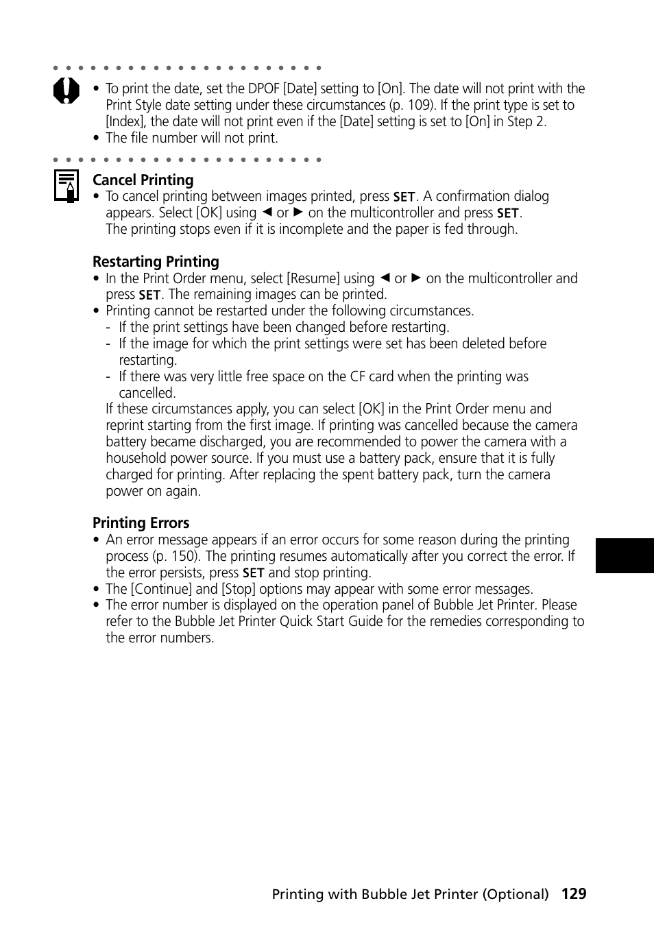 Cancel printing, Restarting printing, Printing errors | Printing with bubble jet printer (optional) | Canon PowerShot S30 User Manual | Page 131 / 163