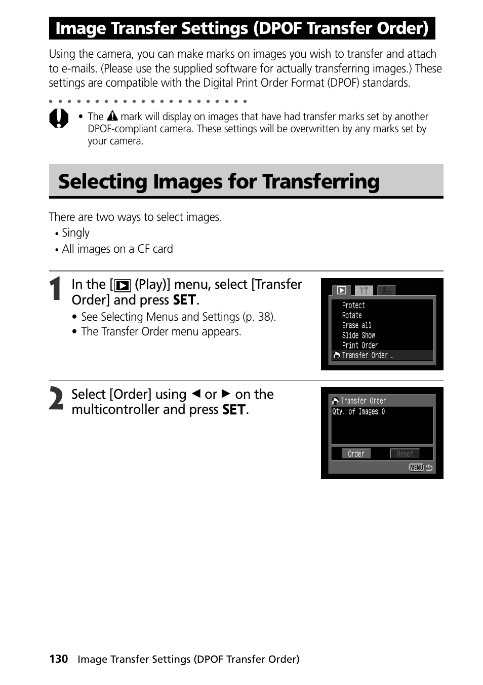 Image transfer settings (dpof transfer order), Selecting images for transferring, There are two ways to select images | Singly, All images on a cf card | Canon PowerShot S30 User Manual | Page 132 / 163