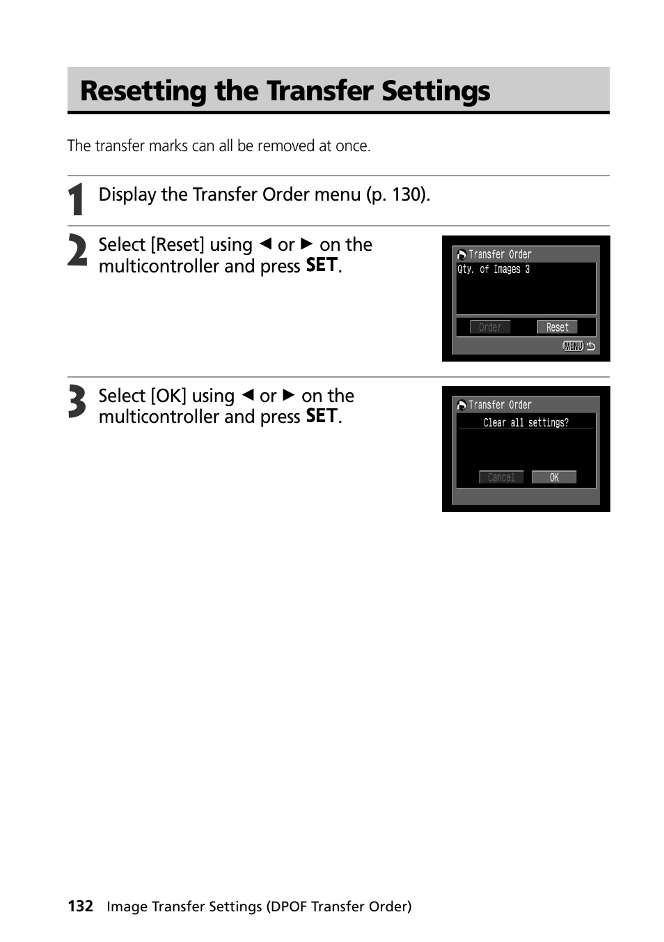 Resetting the transfer settings | Canon PowerShot S30 User Manual | Page 134 / 163