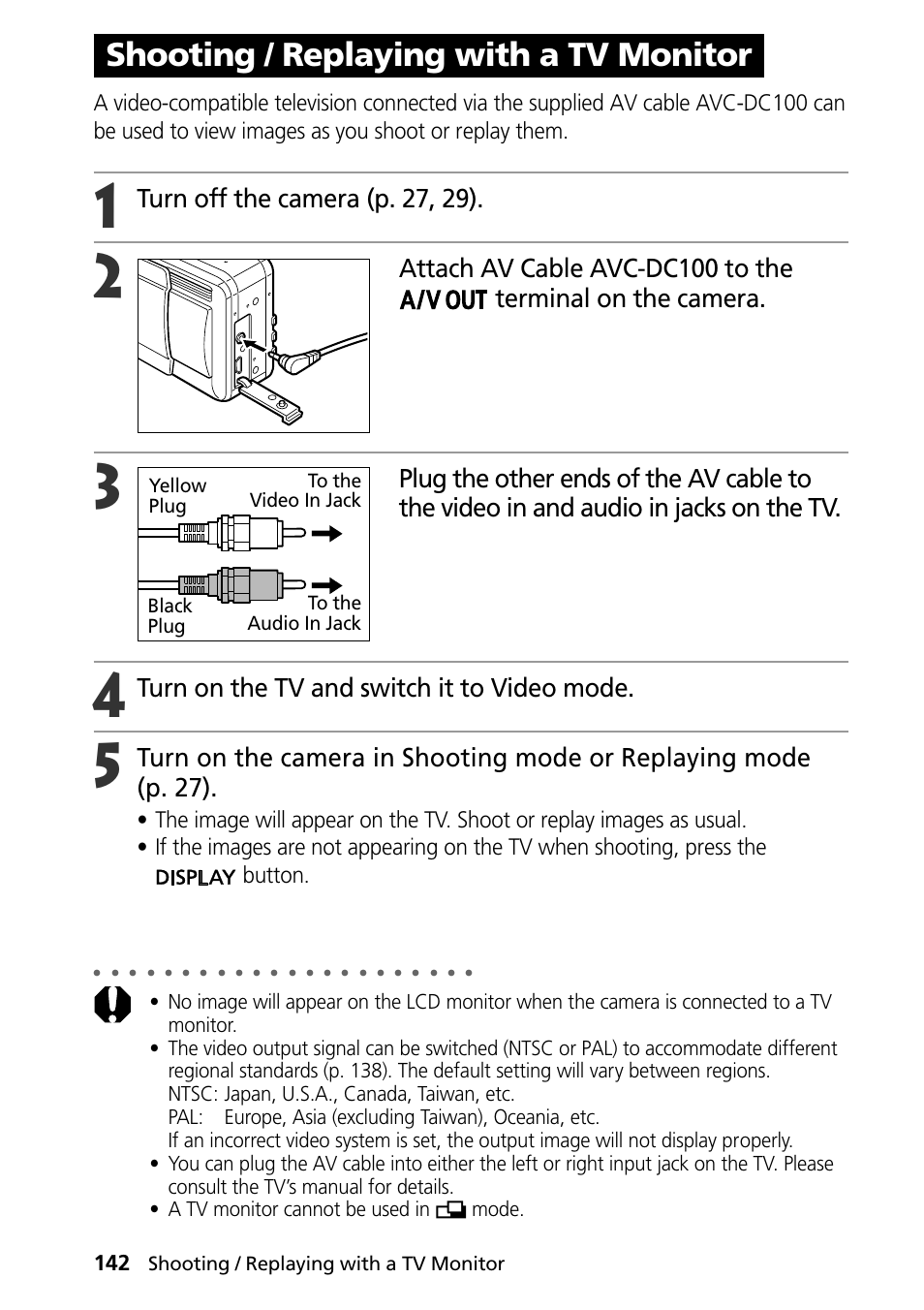 Shooting / replaying with a tv monitor, Turn off the camera (p. 27, 29), Turn on the tv and switch it to video mode | Canon PowerShot S30 User Manual | Page 144 / 163