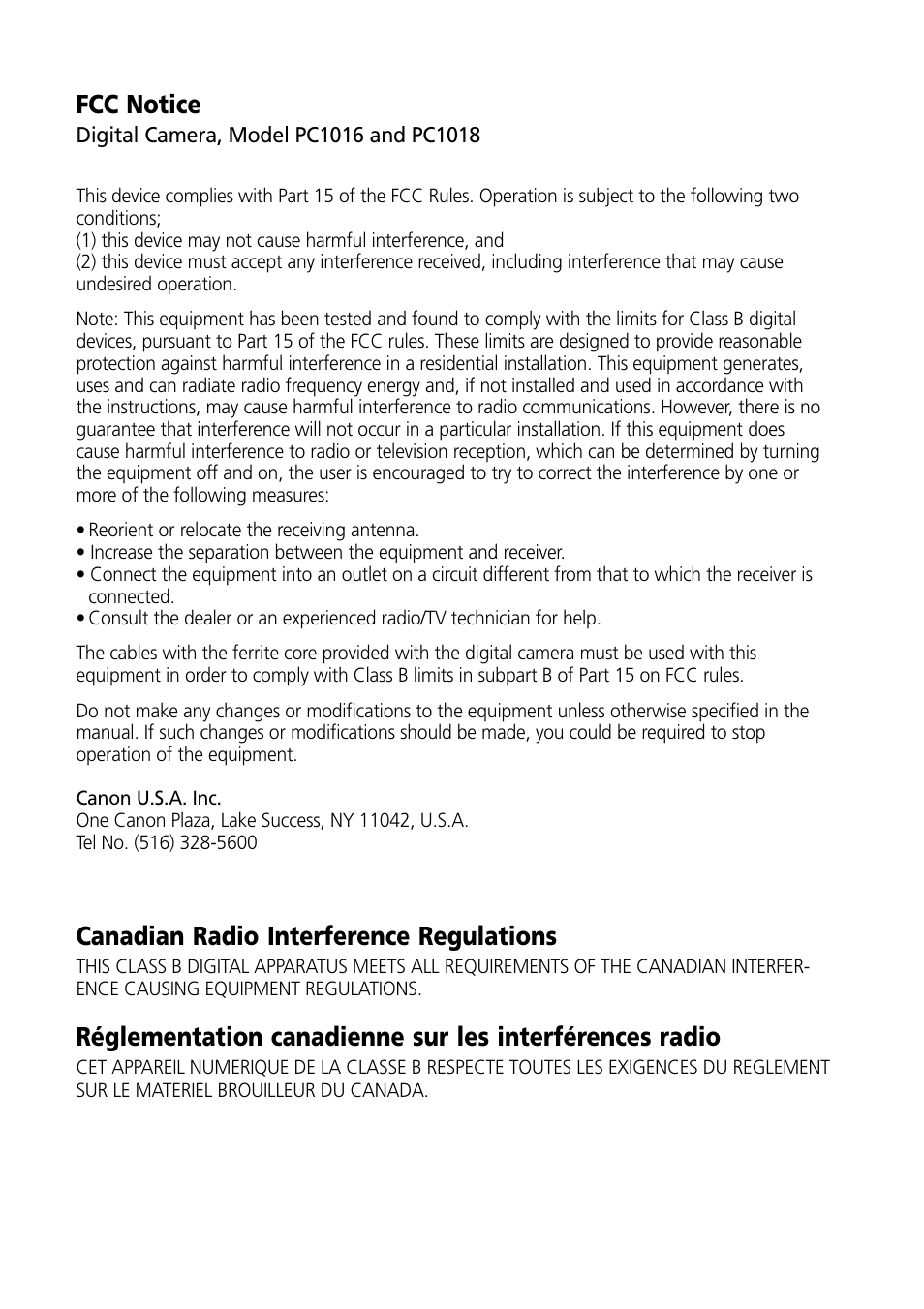 Fcc notice, Canadian radio interference regulations | Canon PowerShot S30 User Manual | Page 162 / 163