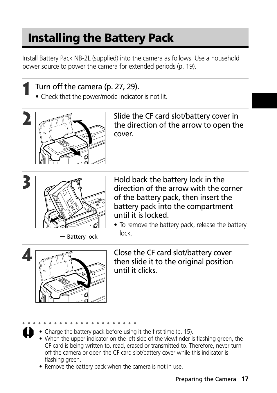 Installing the battery pack, Turn off the camera (p. 27, 29), Check that the power/mode indicator is not lit | Canon PowerShot S30 User Manual | Page 19 / 163