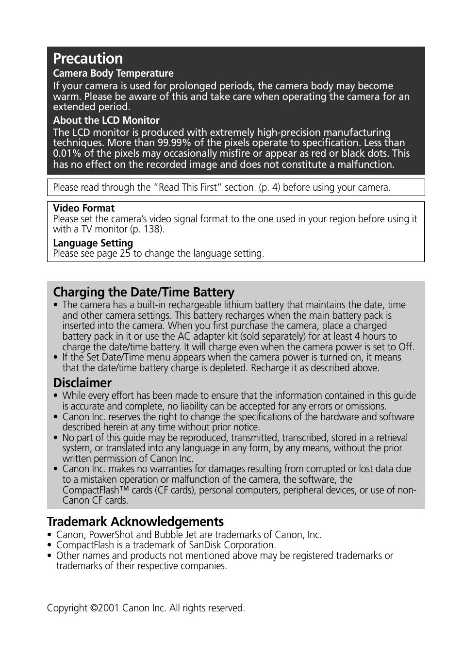 Precaution, Charging the date/time battery, Disclaimer | Trademark acknowledgements | Canon PowerShot S30 User Manual | Page 2 / 163