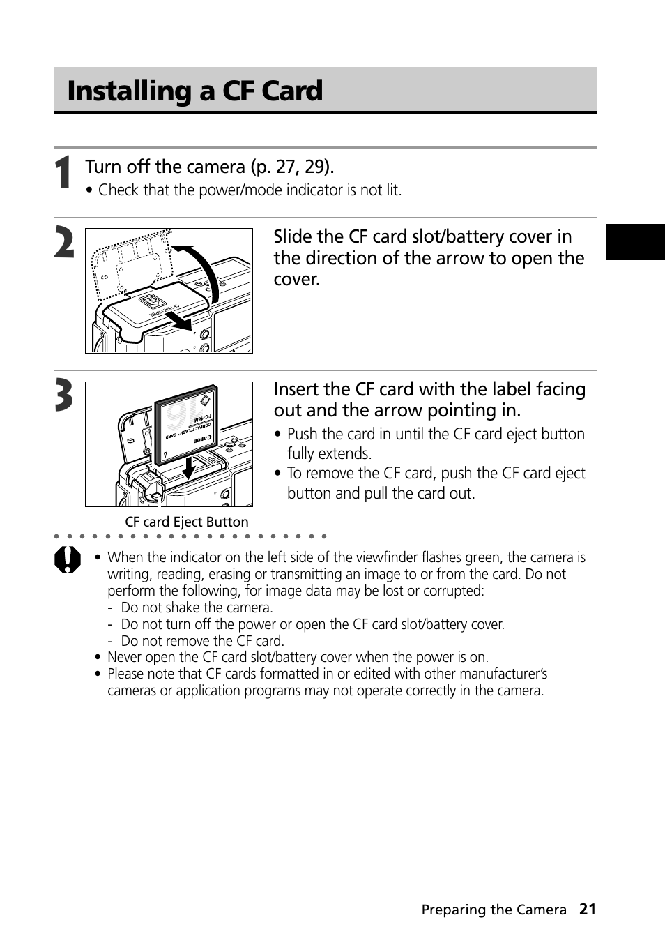 Installing a cf card, Turn off the camera (p. 27, 29), Check that the power/mode indicator is not lit | Canon PowerShot S30 User Manual | Page 23 / 163