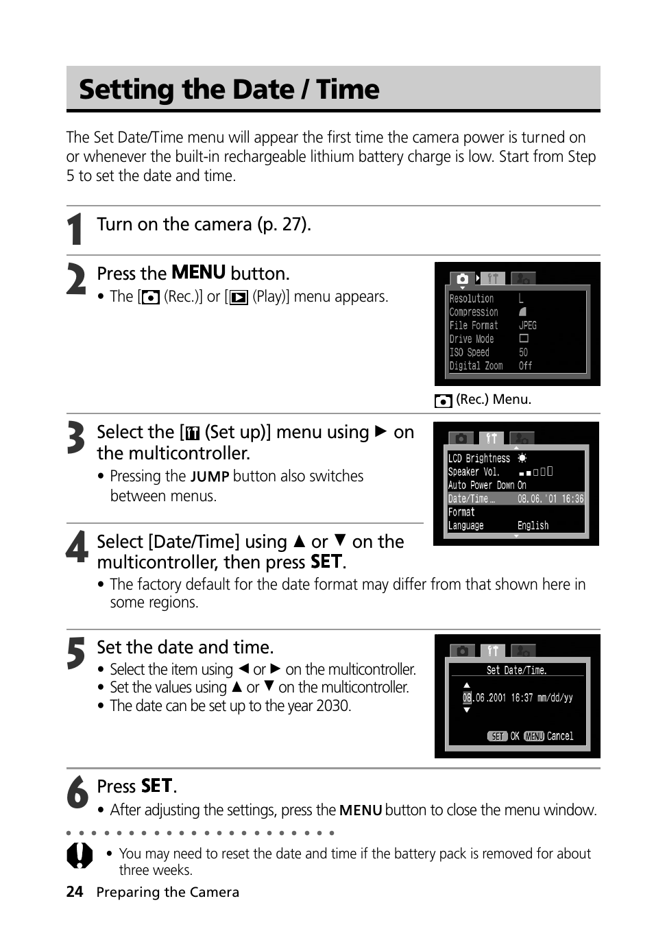 Setting the date / time, Turn on the camera (p. 27), Press the button | Set the date and time, Press | Canon PowerShot S30 User Manual | Page 26 / 163