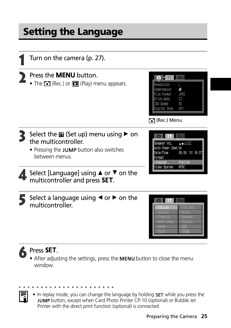 Setting the language, Turn on the camera (p. 27), Press the button | Press | Canon PowerShot S30 User Manual | Page 27 / 163