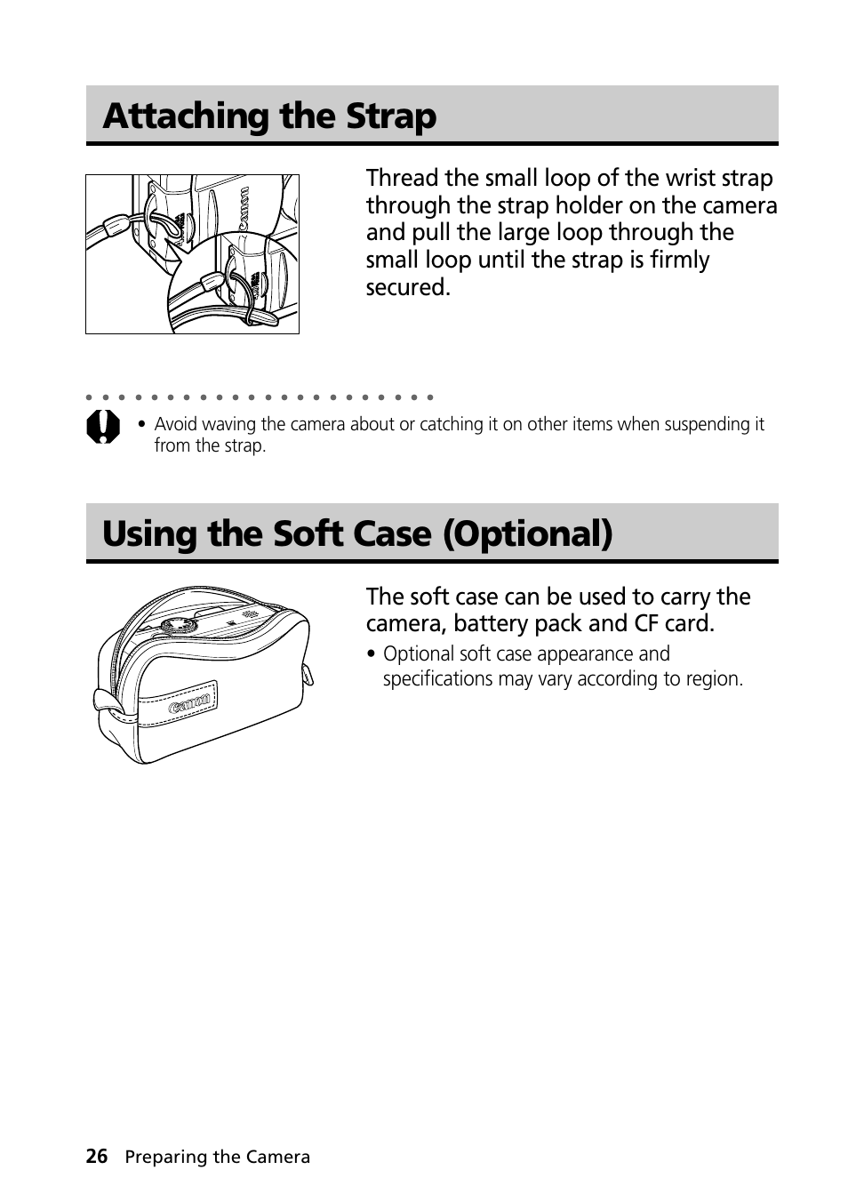 Attaching the strap, Using the soft case (optional), Attaching the strap using the soft case (optional) | Preparing the camera | Canon PowerShot S30 User Manual | Page 28 / 163