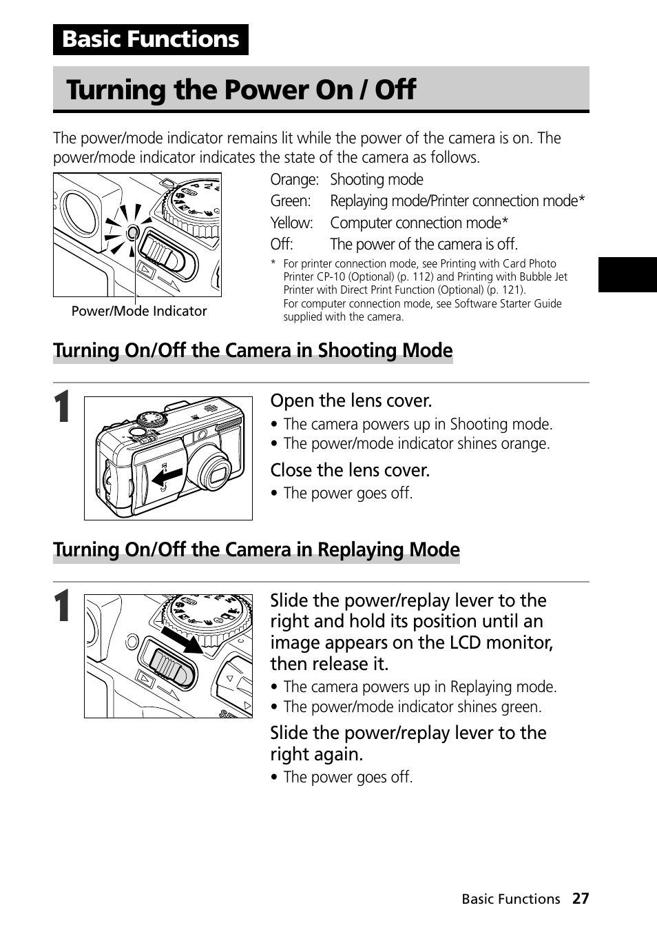 Basic functions, Turning the power on / off | Canon PowerShot S30 User Manual | Page 29 / 163