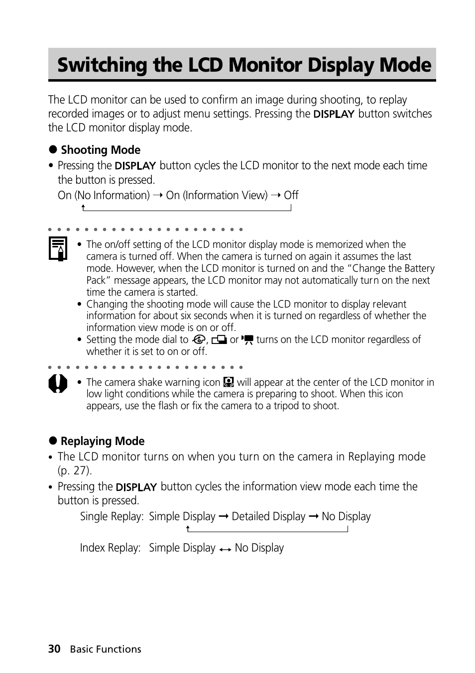 Switching the lcd monitor display mode, 2replaying mode, Basic functions | Canon PowerShot S30 User Manual | Page 32 / 163