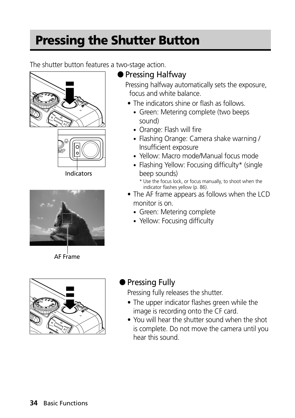 Pressing the shutter button, Pressing halfway, Pressing fully | Canon PowerShot S30 User Manual | Page 36 / 163