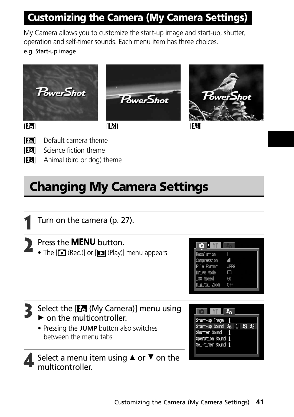 Customizing the camera (my camera settings), Changing my camera settings | Canon PowerShot S30 User Manual | Page 43 / 163