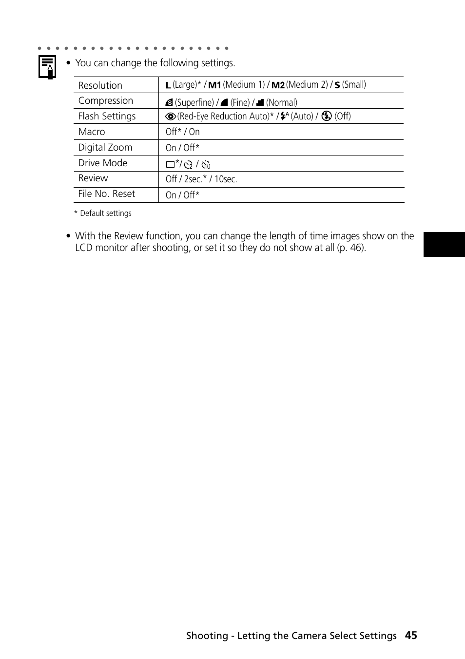 You can change the following settings, Shooting - letting the camera select settings, Default settings | Canon PowerShot S30 User Manual | Page 47 / 163