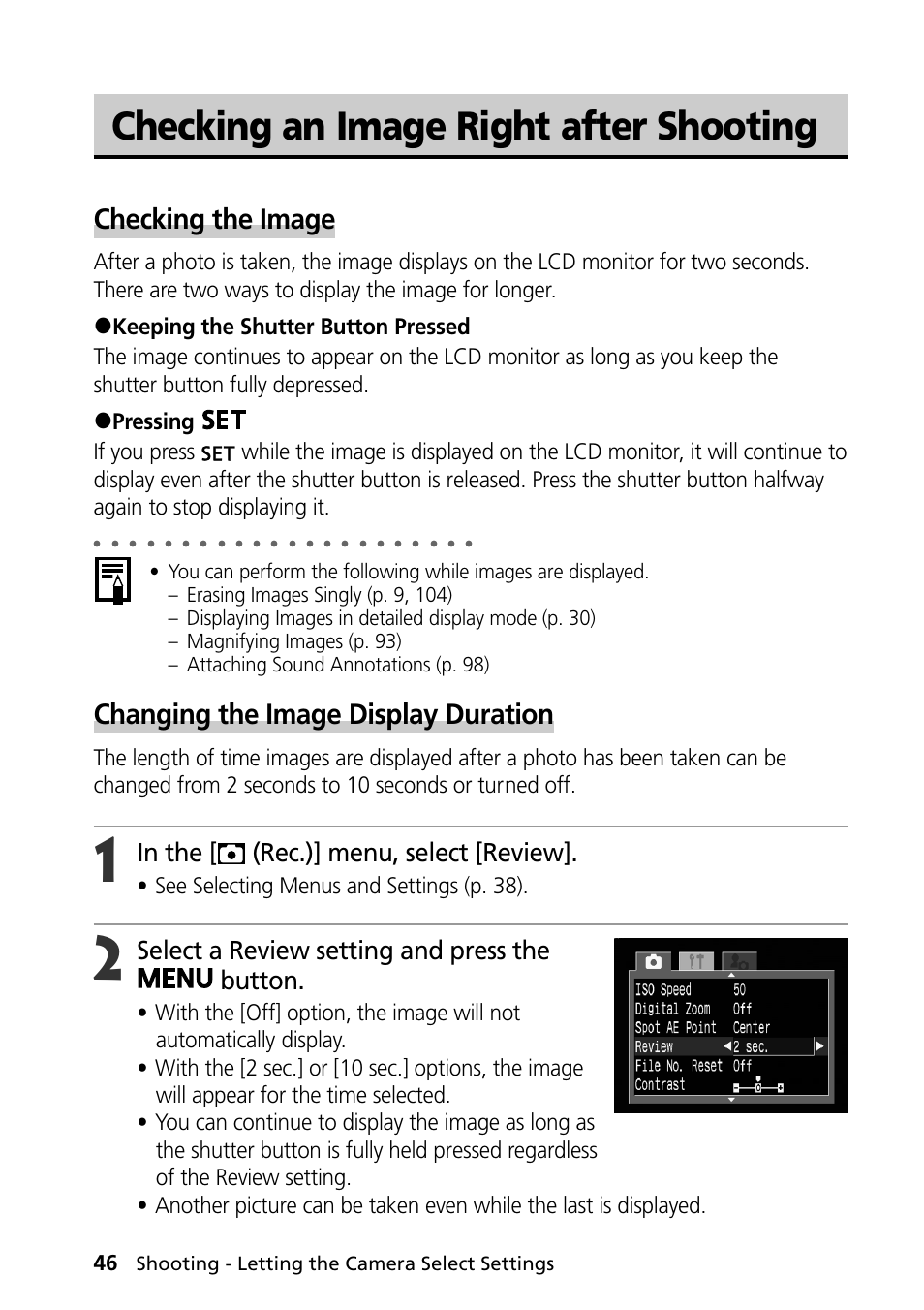 Checking an image right after shooting, Checking the image, Changing the image display duration | Select a review setting and press the button, See selecting menus and settings (p. 38) | Canon PowerShot S30 User Manual | Page 48 / 163