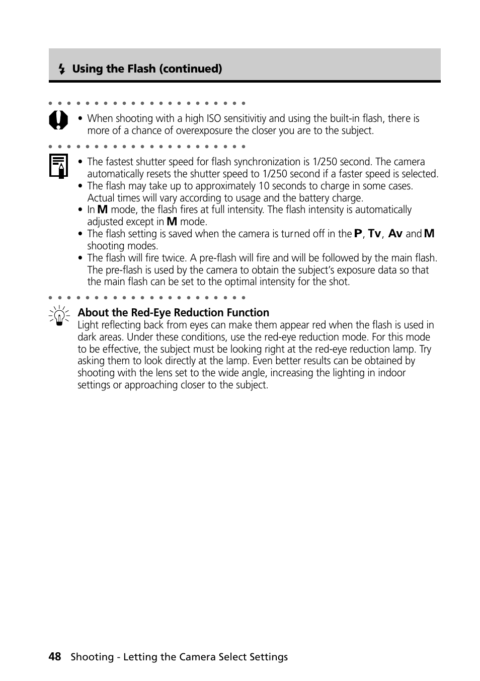 Using the flash (continued), About the red-eye reduction function, Shooting - letting the camera select settings | Canon PowerShot S30 User Manual | Page 50 / 163