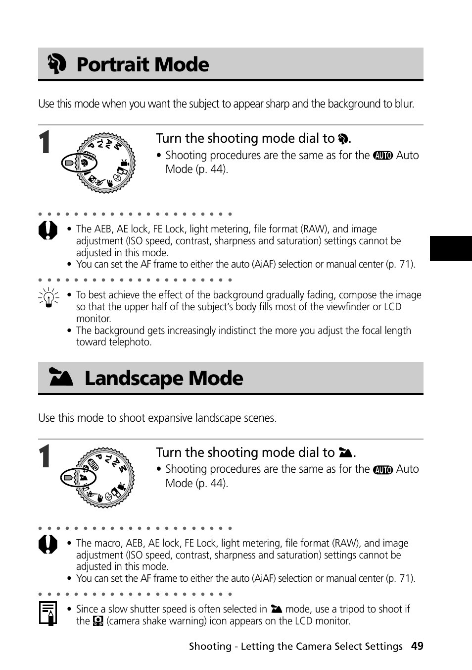 Portrait mode, Landscape mode, Portrait mode landscape mode | Turn the shooting mode dial to, Use this mode to shoot expansive landscape scenes, Shooting - letting the camera select settings | Canon PowerShot S30 User Manual | Page 51 / 163