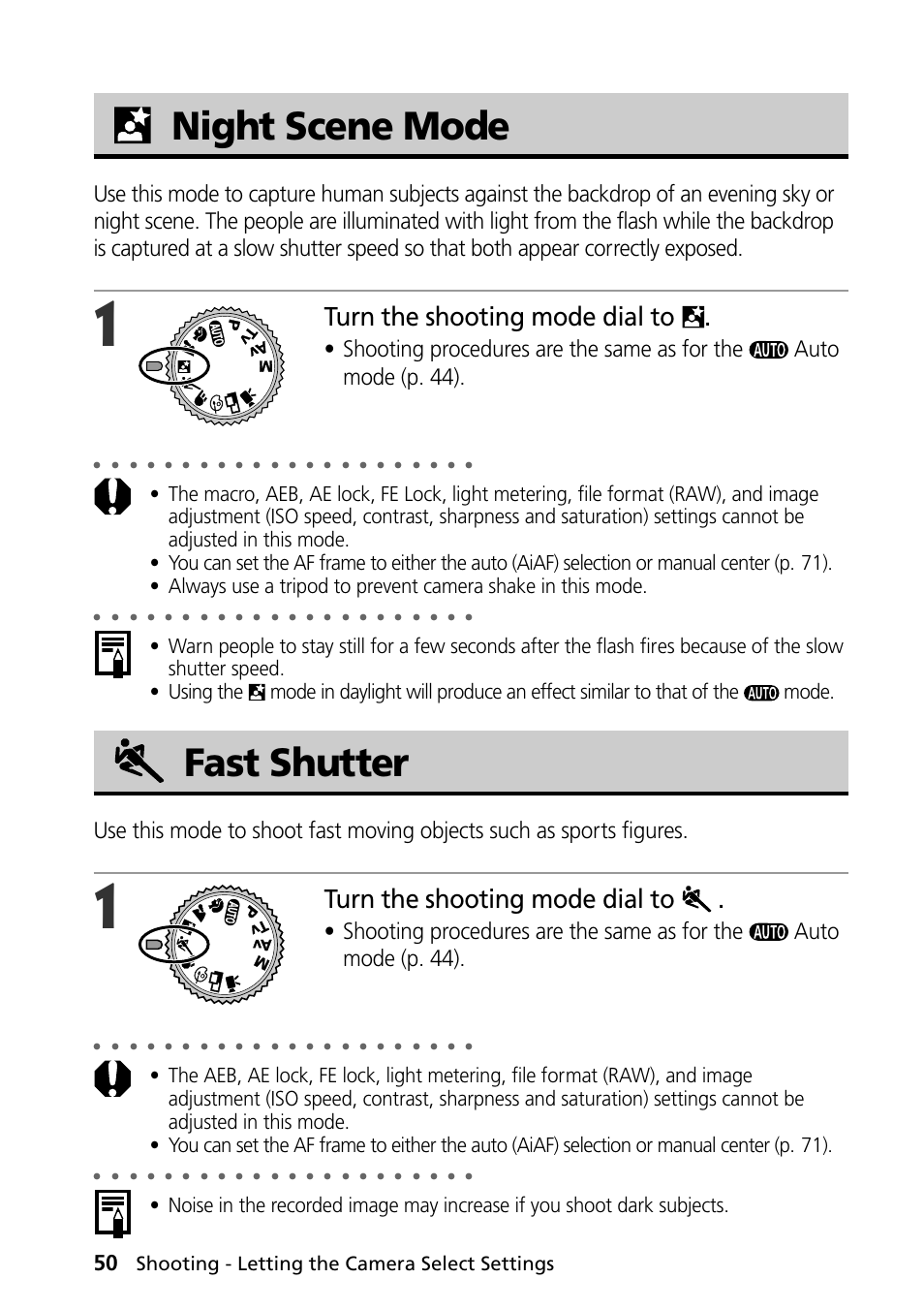 Night scene mode, Fast shutter, Night scene mode fast shutter | Turn the shooting mode dial to, Shooting - letting the camera select settings | Canon PowerShot S30 User Manual | Page 52 / 163