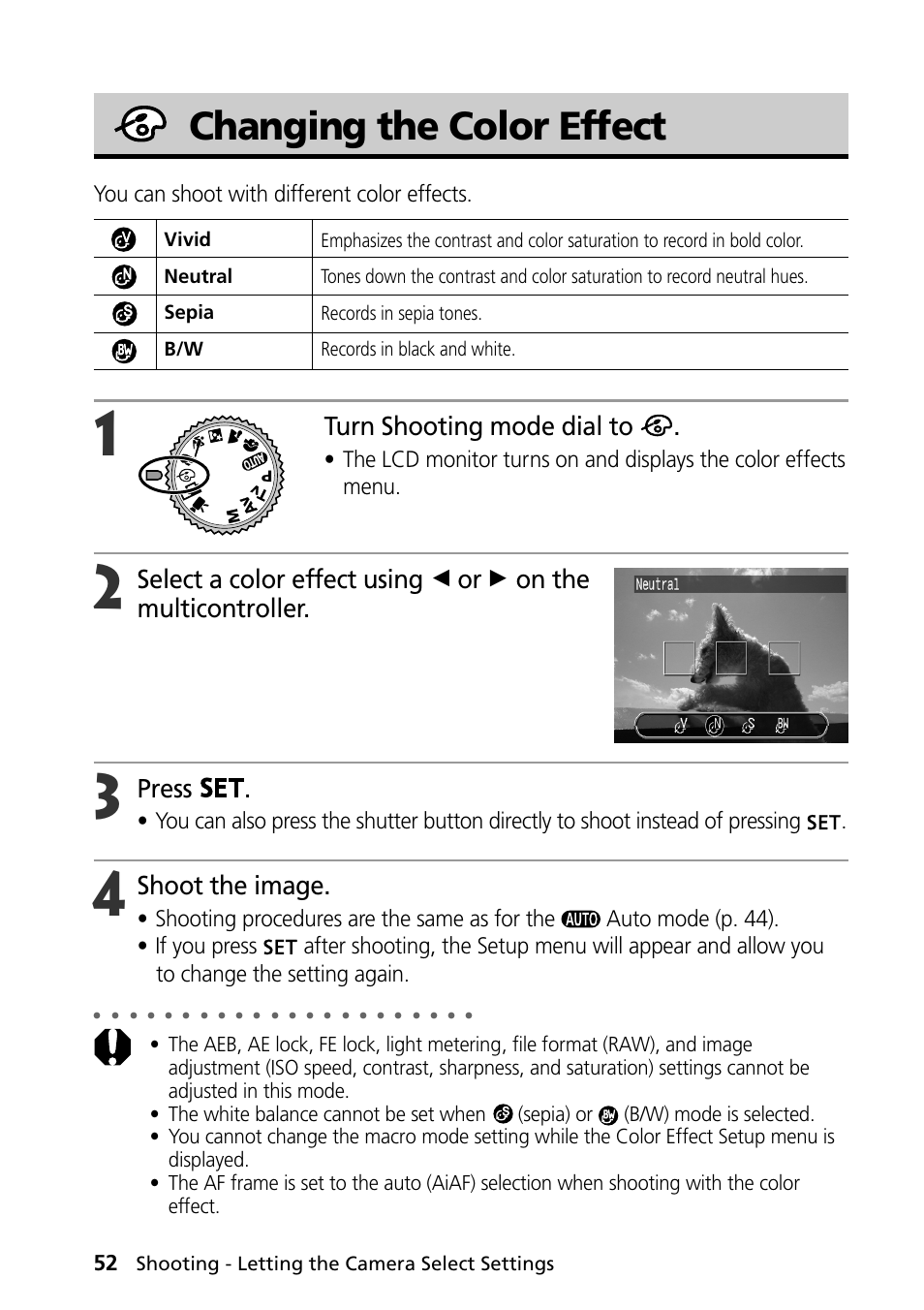 Changing the color effect, Turn shooting mode dial to, Press | Shoot the image, You can shoot with different color effects | Canon PowerShot S30 User Manual | Page 54 / 163