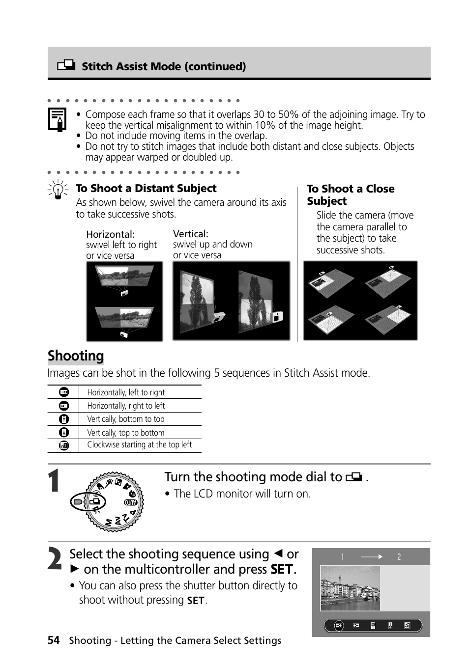 Shooting, Turn the shooting mode dial to, The lcd monitor will turn on | Stitch assist mode (continued), Shooting - letting the camera select settings | Canon PowerShot S30 User Manual | Page 56 / 163