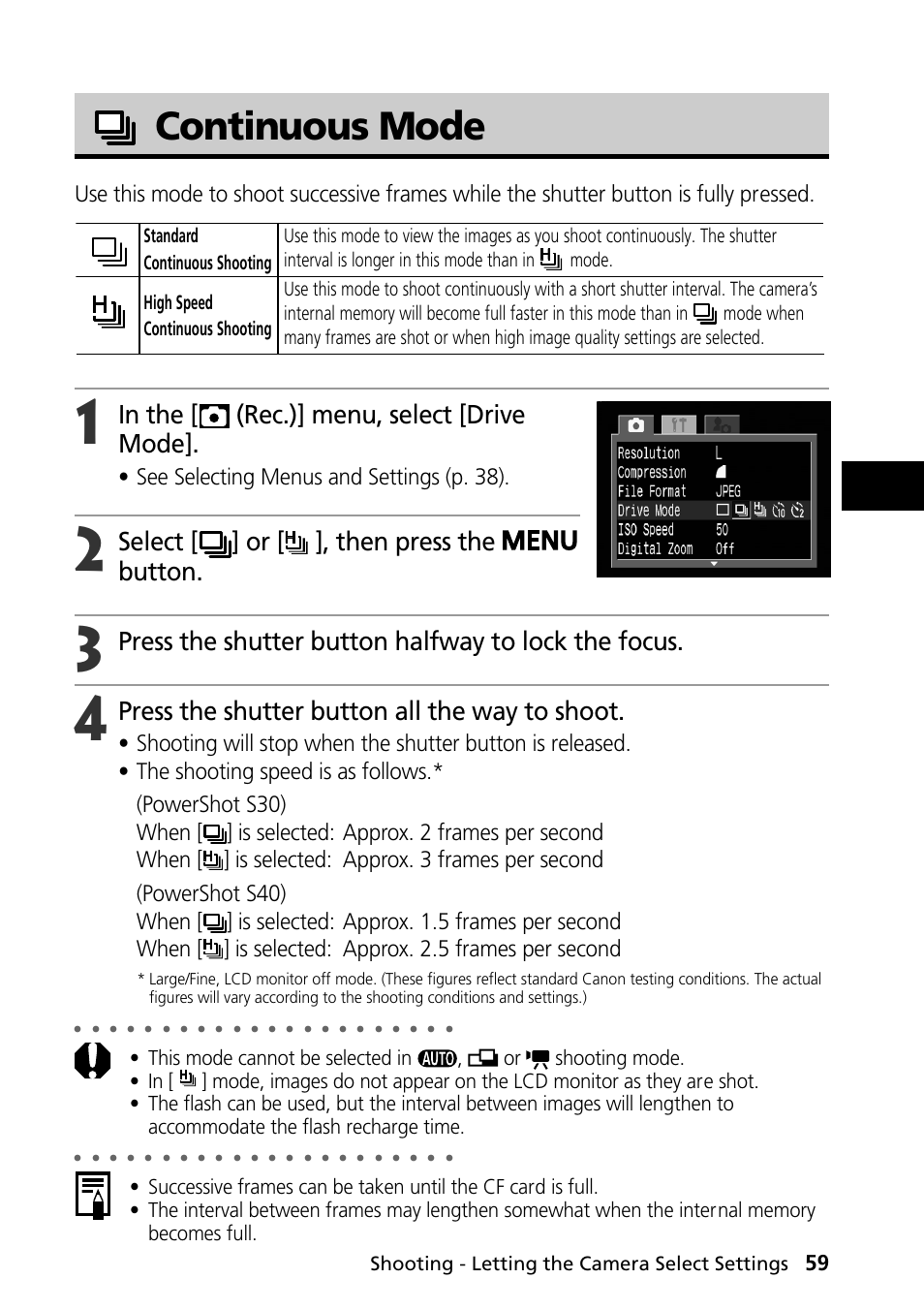 Continuous mode, Select [ ] or [ ], then press the button, Press the shutter button halfway to lock the focus | Press the shutter button all the way to shoot, See selecting menus and settings (p. 38), Shooting - letting the camera select settings | Canon PowerShot S30 User Manual | Page 61 / 163