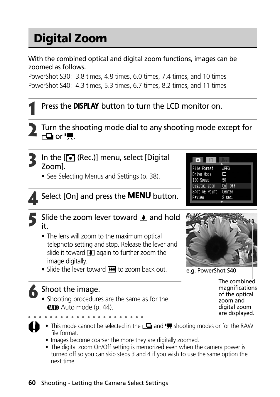 Digital zoom, Press the button to turn the lcd monitor on, Select [on] and press the button | Slide the zoom lever toward and hold it, Shoot the image | Canon PowerShot S30 User Manual | Page 62 / 163
