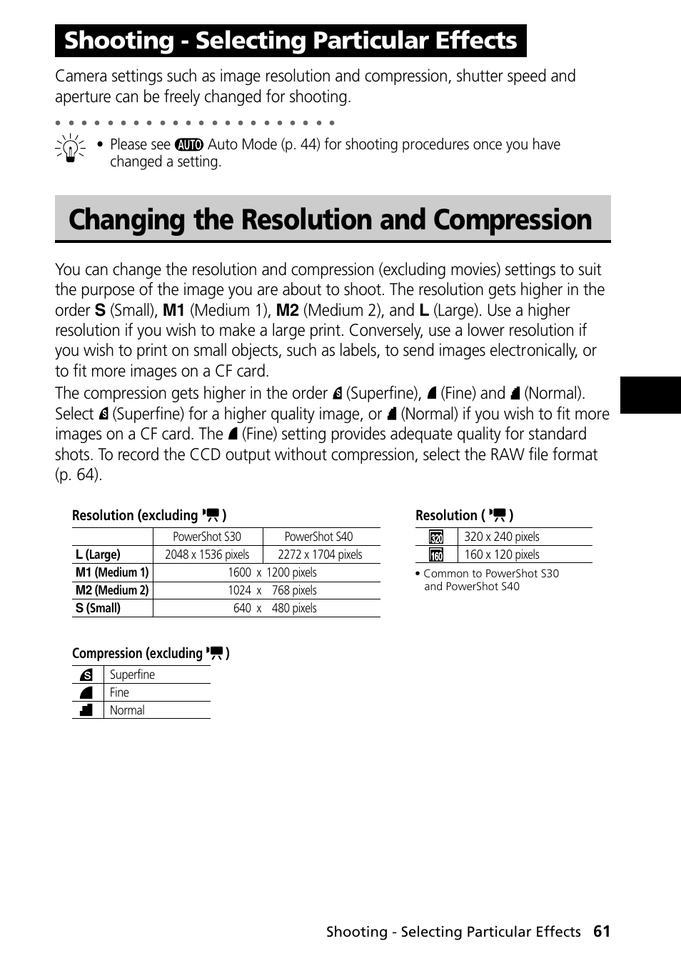 Shooting - selecting particular effects, Changing the resolution and compression, Resolution (excluding ) resolution ( ) | Compression (excluding ) | Canon PowerShot S30 User Manual | Page 63 / 163