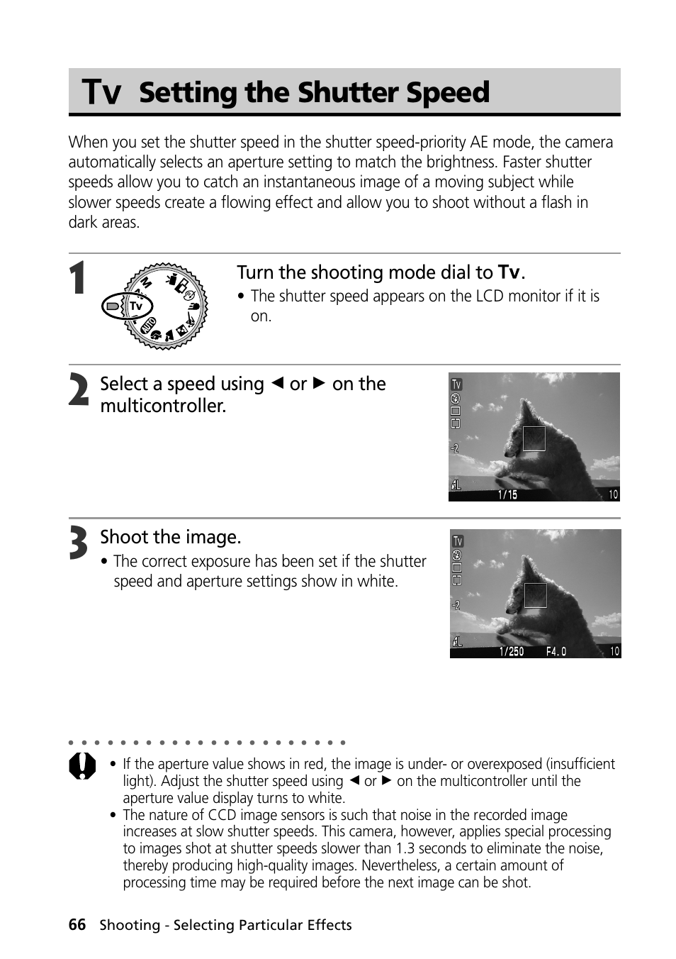 Setting the shutter speed, Turn the shooting mode dial to, Select a speed using b or a on the multicontroller | Shoot the image | Canon PowerShot S30 User Manual | Page 68 / 163