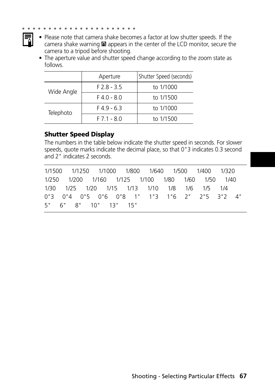 Shutter speed display, Shooting - selecting particular effects | Canon PowerShot S30 User Manual | Page 69 / 163