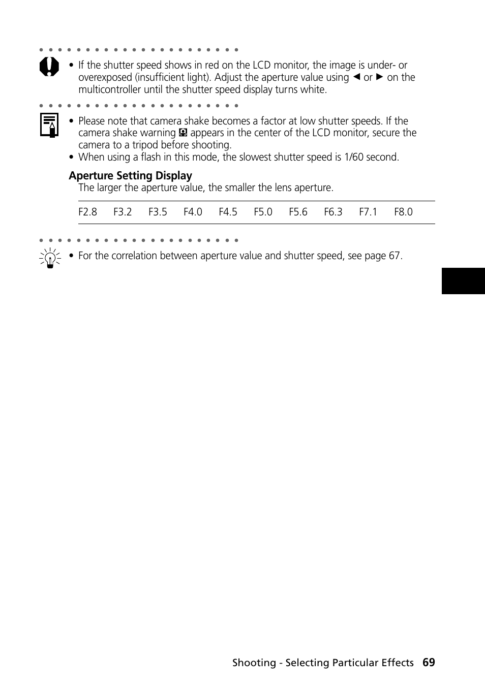 Aperture setting display, Shooting - selecting particular effects | Canon PowerShot S30 User Manual | Page 71 / 163