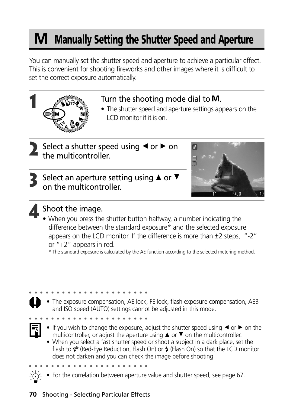 Manually setting the shutter speed and aperture, Turn the shooting mode dial to, Shoot the image | Shooting - selecting particular effects | Canon PowerShot S30 User Manual | Page 72 / 163