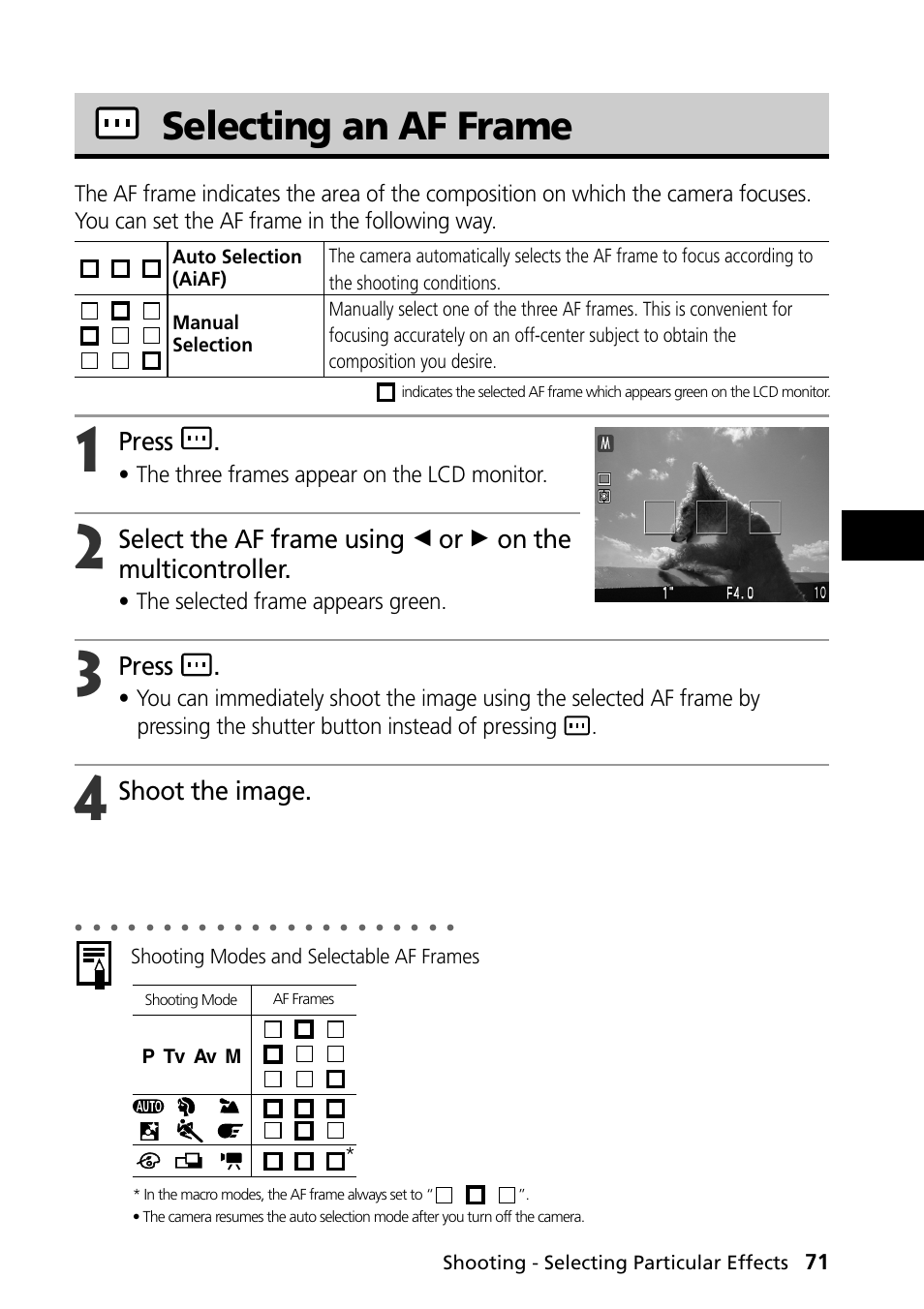 Selecting an af frame, Press, Shoot the image | The three frames appear on the lcd monitor, The selected frame appears green | Canon PowerShot S30 User Manual | Page 73 / 163