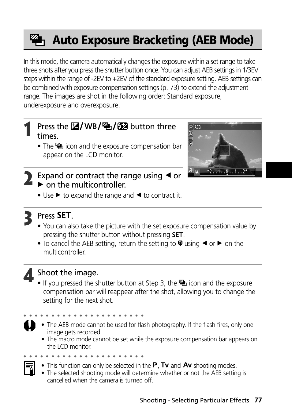 Auto exposure bracketing (aeb mode), Press the button three times, Press | Shoot the image, Use a to expand the range and b to contract it, Shooting - selecting particular effects | Canon PowerShot S30 User Manual | Page 79 / 163
