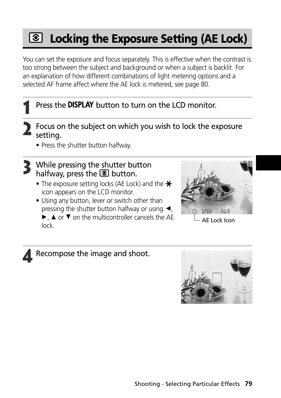 Locking the exposure setting (ae lock) | Canon PowerShot S30 User Manual | Page 81 / 163