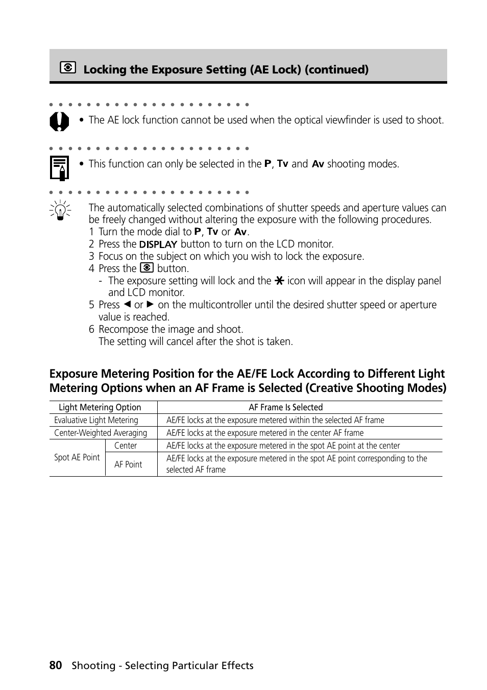 Locking the exposure setting (ae lock) (continued), Shooting - selecting particular effects | Canon PowerShot S30 User Manual | Page 82 / 163