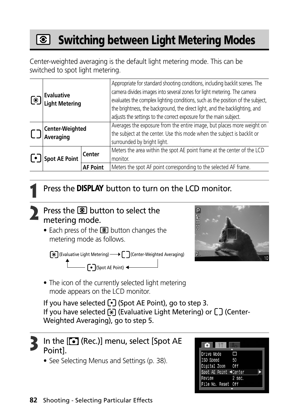 Switching between light metering modes | Canon PowerShot S30 User Manual | Page 84 / 163