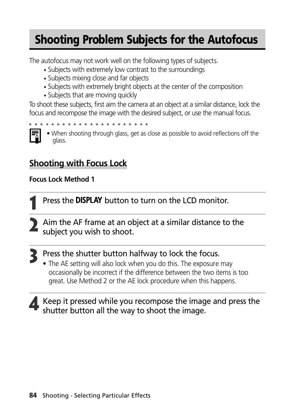 Shooting problem subjects for the autofocus, Shooting with focus lock, Press the button to turn on the lcd monitor | Press the shutter button halfway to lock the focus, Subjects mixing close and far objects, Focus lock method 1 | Canon PowerShot S30 User Manual | Page 86 / 163