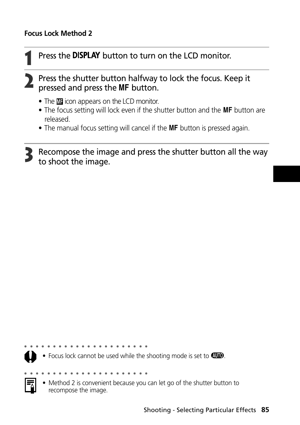 Press the button to turn on the lcd monitor, Focus lock method 2, Shooting - selecting particular effects | Canon PowerShot S30 User Manual | Page 87 / 163