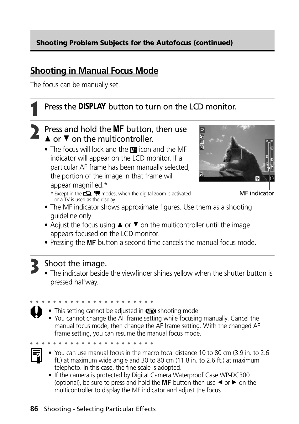 Shooting in manual focus mode, Press the button to turn on the lcd monitor, Shoot the image | The focus can be manually set, Shooting - selecting particular effects, Mf indicator | Canon PowerShot S30 User Manual | Page 88 / 163