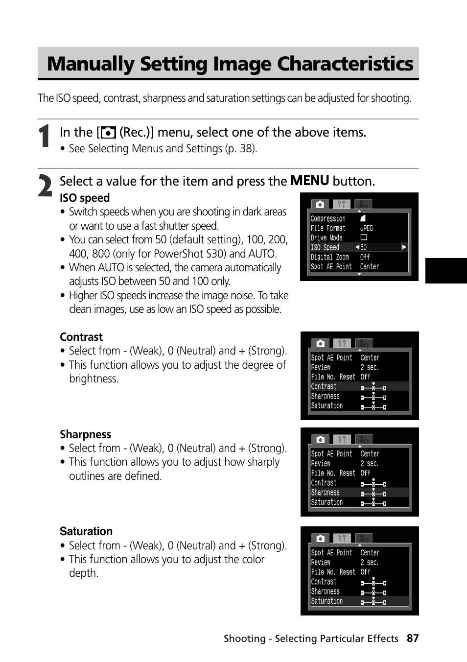 Manually setting image characteristics | Canon PowerShot S30 User Manual | Page 89 / 163