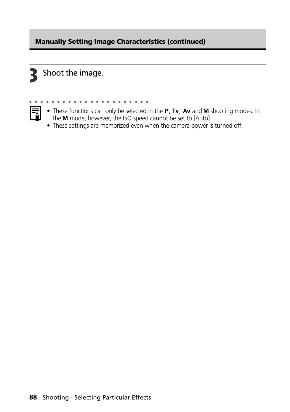 Shoot the image, Manually setting image characteristics (continued), Shooting - selecting particular effects | Canon PowerShot S30 User Manual | Page 90 / 163