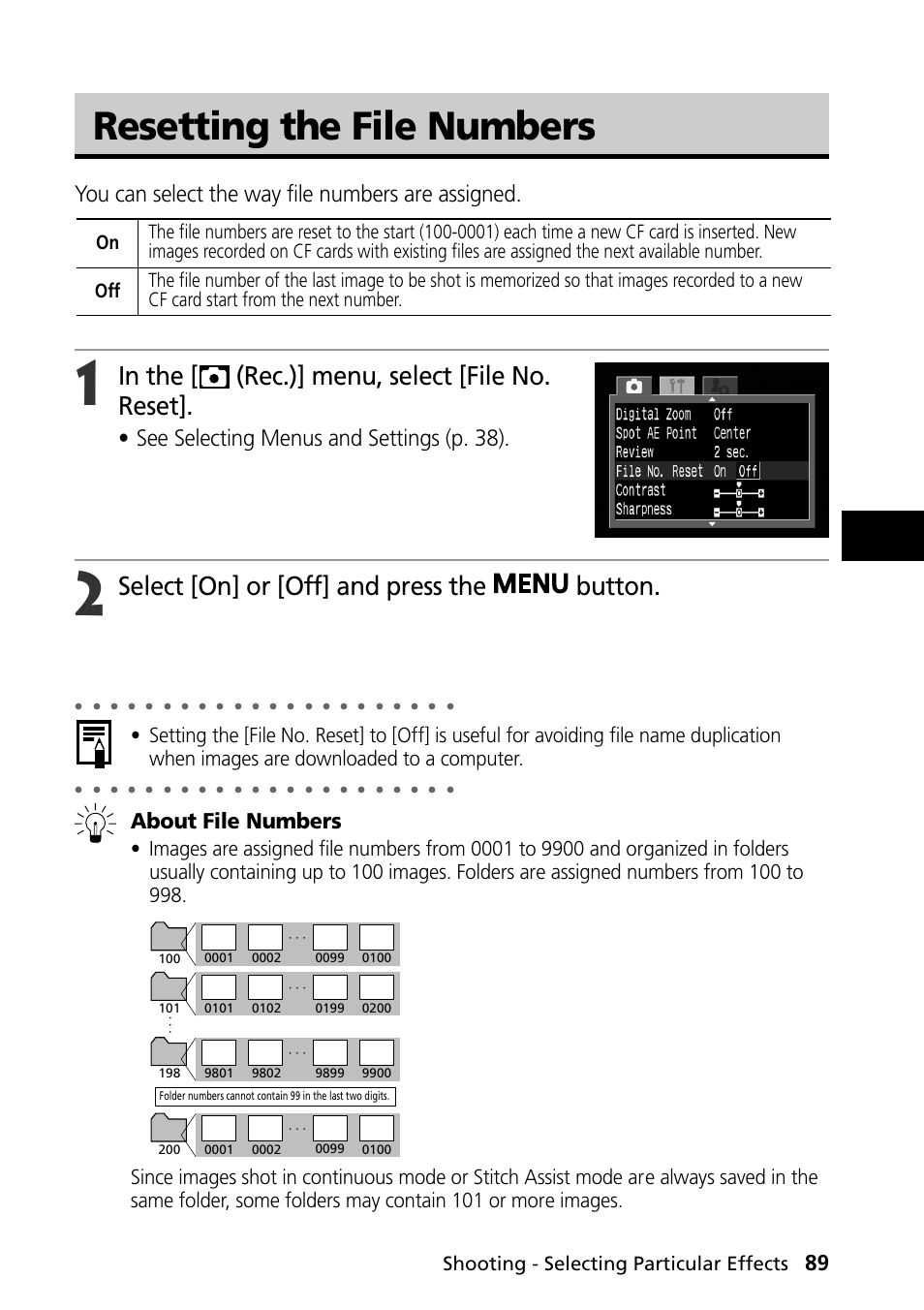 Resetting the file numbers, Resetting the file number, Select [on] or [off] and press the button | You can select the way file numbers are assigned, See selecting menus and settings (p. 38), About file numbers, Shooting - selecting particular effects | Canon PowerShot S30 User Manual | Page 91 / 163