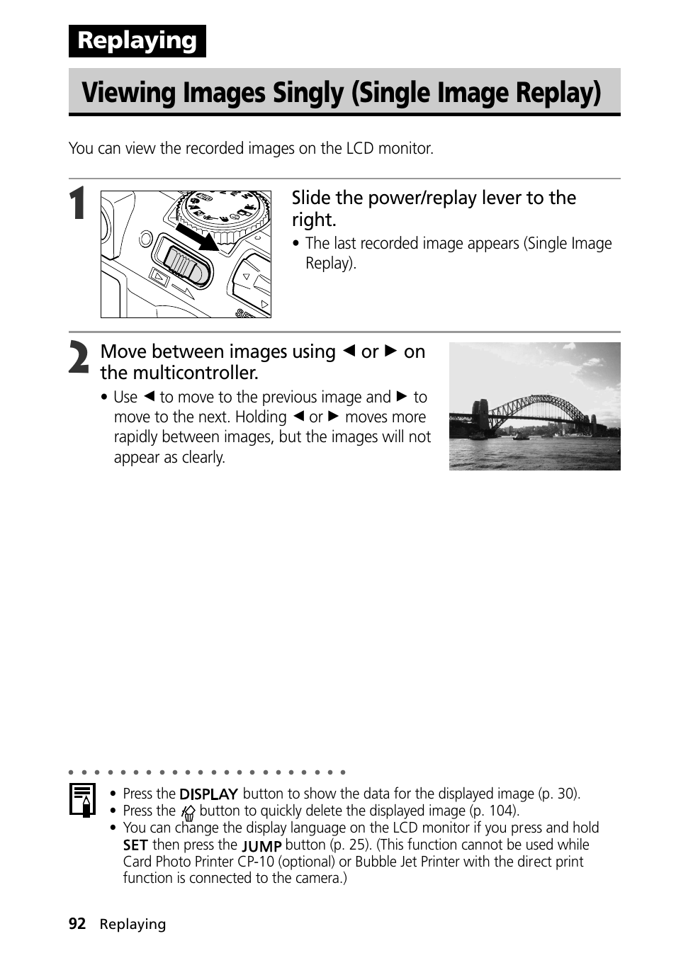 Replaying, Viewing images singly (single image replay), Slide the power/replay lever to the right | Canon PowerShot S30 User Manual | Page 94 / 163