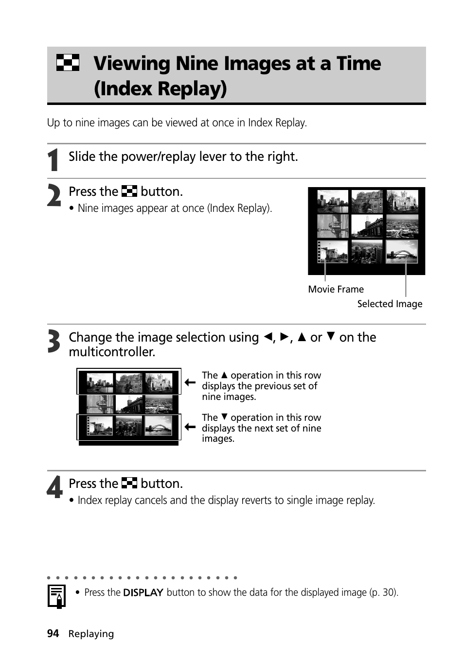 Viewing nine images at a time (index replay), Slide the power/replay lever to the right, Press the button | Nine images appear at once (index replay) | Canon PowerShot S30 User Manual | Page 96 / 163