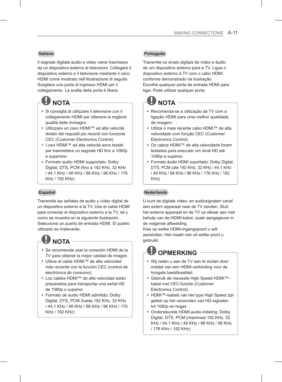 Nota, Opmerking | LG 55EA880V User Manual | Page 11 / 316
