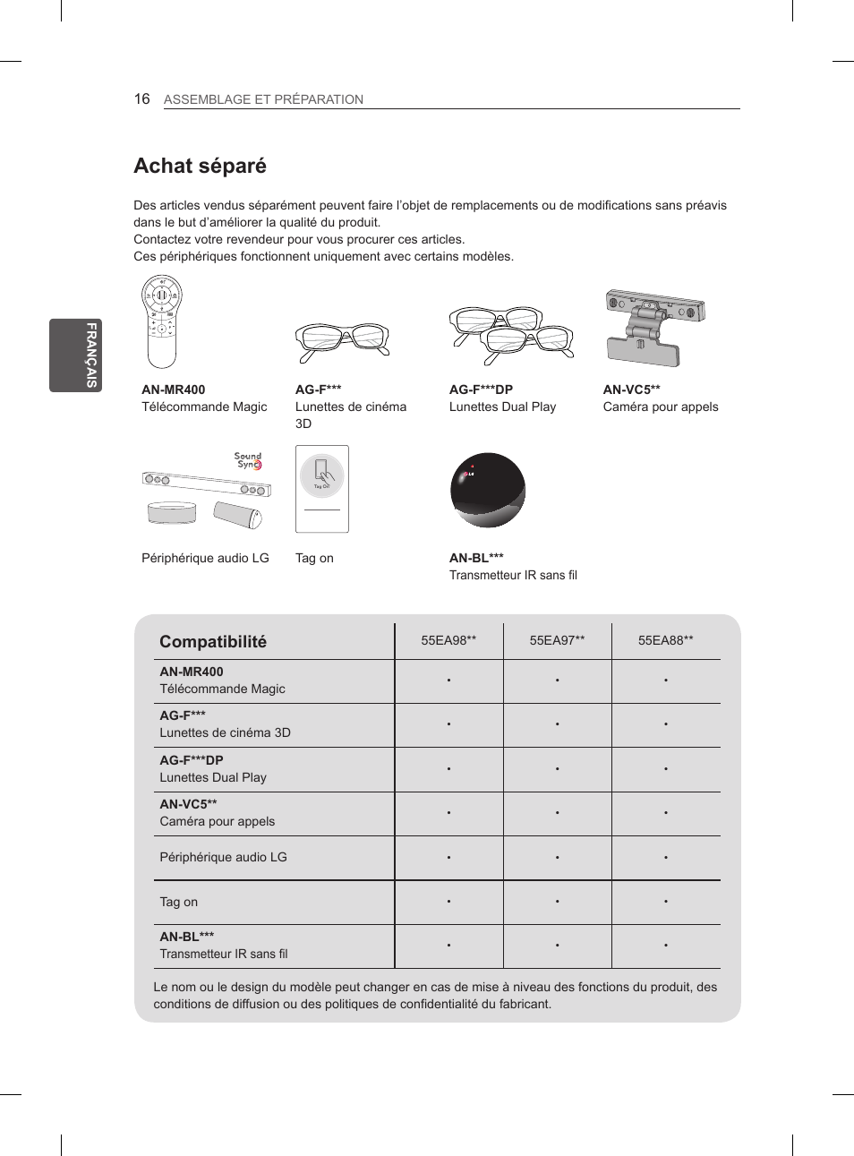 Achat séparé, Compatibilité | LG 55EA880V User Manual | Page 112 / 316